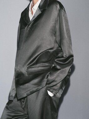 Zara ZW Collection Charcoal Satin Linen Blazer&Pants Set Relaxed Suit, sz.M New!